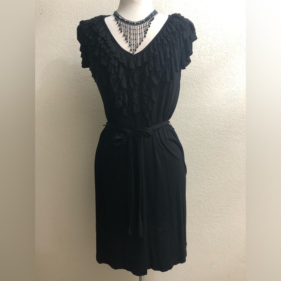 Elle Black Ruffle Sleeve and V-Neck with Tie Waist Dress - Picture 1 of 6